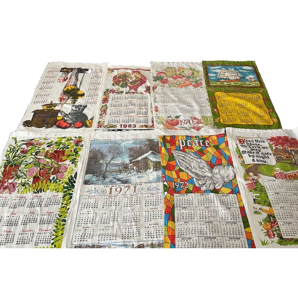 Set of 8 Vintage Linen Calendar Tea Towels Various Years  1968-83 Grandmacore
